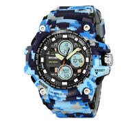 LDZDGD Digital Outdoor Watch for Men, Waterproof 50M, 3 Time Display, Chronograph, Alarm, 12/24 Hour Format, Backlight, Rugged Design for Hiking, Camping, Survival(Blue camo)