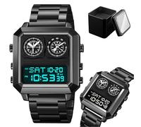 LDZDGD Men’s Retro Digital Watch, 4 Time Zones Stainless Steel Sports Watch with Alarm, Countdown Timer, EL Backlight, Date, Week Display, 12/24 Hour Format, 30M Waterproof(Black 2)