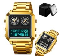LDZDGD Men’s Retro Digital Watch, 4 Time Zones Stainless Steel Sports Watch with Alarm, Countdown Timer, EL Backlight, Date, Week Display, 12/24 Hour Format, 30M Waterproof(Gold)