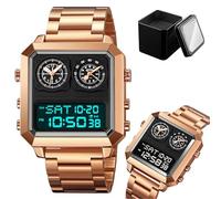 LDZDGD Men’s Retro Digital Watch, 4 Time Zones Stainless Steel Sports Watch with Alarm, Countdown Timer, EL Backlight, Date, Week Display, 12/24 Hour Format, 30M Waterproof(Rose Gold)