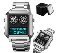 LDZDGD Men’s Retro Digital Watch, 4 Time Zones Stainless Steel Sports Watch with Alarm, Countdown Timer, EL Backlight, Date, Week Display, 12/24 Hour Format, 30M Waterproof(Silver 2)