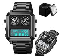 LDZDGD Men’s Retro Digital Watch, 4 Time Zones Stainless Steel Sports Watch with Alarm, Countdown Timer, EL Backlight, Date, Week Display, 12/24 Hour Format, 30M Waterproof(Black 1)