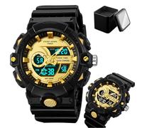 LDZDGD Men's Digital Sport Watch, Triple Time Zones, Countdown Timer, Stopwatch, Alarm, LED Backlight, Week and Date Display, 50M Waterproof Outdoor Tactical Wristwatch(Gold)