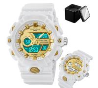 LDZDGD Men's Digital Sport Watch, Triple Time Zones, Countdown Timer, Stopwatch, Alarm, LED Backlight, Week and Date Display, 50M Waterproof Outdoor Tactical Wristwatch(White)