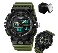 LDZDGD Men's Digital Sport Watch, Triple Time Zones, Countdown Timer, Stopwatch, Alarm, LED Backlight, Week and Date Display, 50M Waterproof Outdoor Tactical Wristwatch(Green)