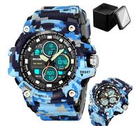 LDZDGD Men's Digital Sports Watch Tactical Military Style, Waterproof 50M, LED Backlight, Stopwatch, Countdown, Alarm, 3 Time Zones, 12/24 Hour Format, Rugged Outdoor Watch(Blue camo)
