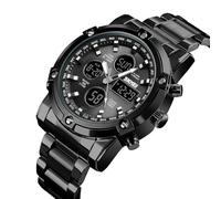 LDZDGD Men's Digital Tactical Watch with Stainless Steel Band, 3 Time Zones, Chronograph, Countdown Timer, EL Backlight, Alarm, 30M Waterproof, Week and Date Display, 12 and 24 Hour Format