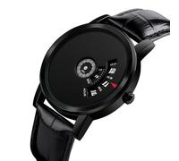 LDZDGD Men's Jump Hour Analog Watch, Minimalist Quartz Wristwatch with Rotating Dial Display and Black Leather Strap, 30M Waterproof Dress Watch for Daily or Business Use(Black)