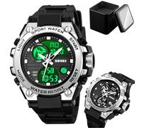 LDZDGD Men's Tactical Waterproof Watch, Analog Digital Display, Dual Time, Backlight, Stopwatch, Alarm, Week and Date Display, 50M Water Resistant, Shockproof Outdoor Sports Watch(Silver)