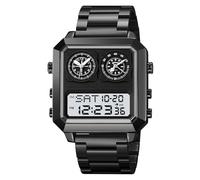 LDZDGD Multifunction Digital Stainless Steel Watch for Men, 4 Time Zones, Alarm, Stopwatch, Date, Countdown Timer, EL Backlight, 30M Water Resistant, Classic Square Design(Black 2)
