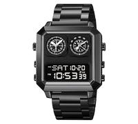LDZDGD Multifunction Digital Stainless Steel Watch for Men, 4 Time Zones, Alarm, Stopwatch, Date, Countdown Timer, EL Backlight, 30M Water Resistant, Classic Square Design(Black 1)