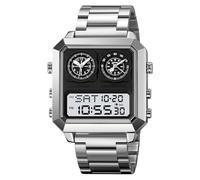 LDZDGD Multifunction Digital Stainless Steel Watch for Men, 4 Time Zones, Alarm, Stopwatch, Date, Countdown Timer, EL Backlight, 30M Water Resistant, Classic Square Design(Silver 1)