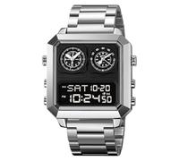 LDZDGD Multifunction Digital Stainless Steel Watch for Men, 4 Time Zones, Alarm, Stopwatch, Date, Countdown Timer, EL Backlight, 30M Water Resistant, Classic Square Design(Silver 2)