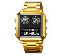 LDZDGD Multifunction Digital Stainless Steel Watch for Men, 4 Time Zones, Alarm, Stopwatch, Date, Countdown Timer, EL Backlight, 30M Water Resistant, Classic Square Design(Gold)
