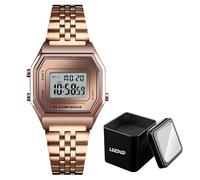 LDZDGD Retro Digital Watch for Men and Women, Waterproof 30M Stainless Steel LED Wristwatch with Alarm, Date, Stopwatch, Backlight, 12 and 24 Hour Time Display(Rose)
