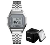 LDZDGD Retro Digital Watch for Men and Women, Waterproof 30M Stainless Steel LED Wristwatch with Alarm, Date, Stopwatch, Backlight, 12 and 24 Hour Time Display(Silver 2)