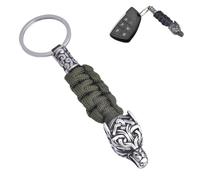 LDZDGD Viking Wolf Head Keychain for Men, Norse Stainless Steel Key Ring with Paracord, EDC Tactical Gift(Green)