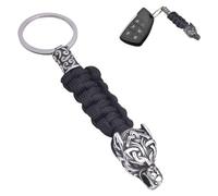 LDZDGD Viking Wolf Head Keychain for Men, Norse Stainless Steel Key Ring with Paracord, EDC Tactical Gift(Black 1)