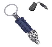 LDZDGD Viking Wolf Head Keychain for Men, Norse Stainless Steel Key Ring with Paracord, EDC Tactical Gift(Blue)