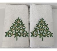le chateau 2 x Tree Design Guest Towels in White 30cm x 50cm Ideal for the Festive Season