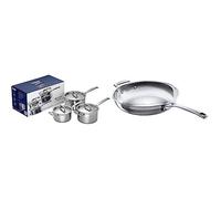 Le Creuset 3-Ply Stainless Steel Saucepan with Lid, 20 x 12.2 cm, 3 Piece, 96209000001000 & Le Creuset 3-Ply Stainless Steel Uncoated Frying Pan, 28 x 6 cm, 96200228001100