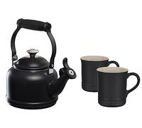 Le Creuset Enamel On Steel Demi Kettle with Metal Finishes & Stoneware Set of 2 Mugs, 1.25 qt. Kettle & (2) 14 oz. Mugs, Licorice