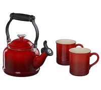 Le Creuset Enamel On Steel Demi Kettle with Metal Finishes & Stoneware Set of 2 Mugs, 1.25 qt. Kettle & (2) 14 oz. Mugs, Cerise