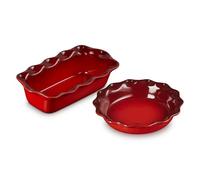 Le Creuset Stoneware Set of 2 9" Heritage Fluted Pie and 9" Fluted Loaf Dish, Cerise