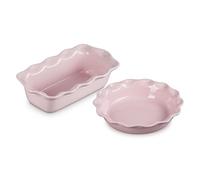 Le Creuset Stoneware Set of 2 9" Heritage Fluted Pie and 9" Fluted Loaf Dish, Chiffon Pink