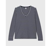 Le Droit Cotton T-Shirt in Breton Striped Jersey with Long Sleeves and V-Neck Navy/Ecru