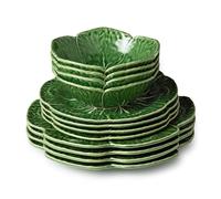 Le Jardin Cabbage 12-Piece Dinnerware Set - Green Stoneware Plates & Bowls with Garden Leaf Design - Seasonal Tableware for Spring & Summer Dining and Entertaining