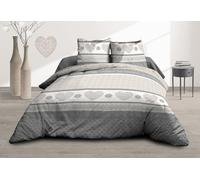 Le linge de Jules Flat Sheet and Fitted Sheet 160 x 200 cm + 2 T Pure Cotton 57 Thread Count - Grey Hearts