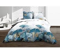 Le linge de Jules Ginko Blue Bedding Set Flat Sheet + Fitted Sheet 160 x 200 + 2 T - Pure Cotton 57 Thread Count