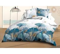 Le linge de Jules Ginko Ginko Blue Flat Sheet Set + Fitted Sheet 140 x 190 cm + 2 Pillowcases - Soft and Durable Microfibre - Easy Care