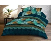 Le linge de Jules Paraiso Bed Linen Set with Fitted Sheet 140 x 190 cm and 2 Pillowcases - Soft and Durable Microfibre - Easy Care - Paraiso, Blue