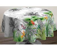 Le linge de Jules Stain-Resistant Tablecloth Flower of Paradise Round 160 cm, Black, Green, Pink, Orange, White
