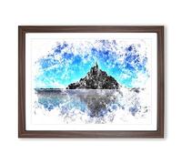 Le Mont Saint Michel In Normandy Watercolour Modern Framed Print | A2 Walnut Framed Wall Art | Ready to Hang | Modern Historical Picture | Living Room Bedroom Lounge Office