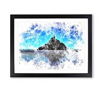 Le Mont Saint Michel In Normandy Watercolour Modern Framed Wall Art Print, Ready to Hang Picture for Living Room Bedroom Home Office Décor, Black A2 (64 x 46 cm)