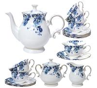 LE POTOCIO 21-Piece Bone China Tea Set for Adults, Blue and White Porcelain Tea Set for 6, Vintage Floral Tea Cup Set With Teapot, Tea Party Sets for Women Gift，Gift Box