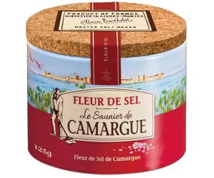 Le Saunier De Camargue Premium French Sea Salt, Fleur De Sel, Hand Harvested, Delicate Salt Flakes for Cooking, Baking and Seasoning, Round Box 1 x 125 g