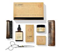 Le Savant Beard Grooming Kit - Premium Beard Oil, Beard Balm, Sandalwood Comb, Styling Brush & Stainless Steel Scissors - Sandalwood Scent - Wooden Gift Box.