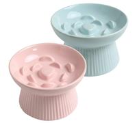 LE SERVETA 2 Pack Ceramic Slow Feeder Cat Bowl, Raised Puzzle Feeder, Anti-Vomiting, Elevated Food Bowl, Whisker Friendly (Blue, Pink)
