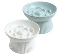 LE SERVETA 2 Pack Ceramic Slow Feeder Cat Bowl, Raised Puzzle Feeder, Anti-Vomiting, Elevated Food Bowl, Whisker Friendly (White, Blue)
