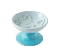 Le Serveta Elevated Twisting Design Cat Food Slow Feeder, Ceramic Raised Cat Dishes with Decorative Twisting Design Stand, Macaron Colors, Slow Feed Design (Blue)