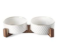 LE TAUCI 16.5cm Ceramic Dog Bowls Medium, Dual Food and Water with Stand | 950 ml Elevated Acacia Wood Stand, Weighted Non-Slip Base, Dishwasher Safe, for Small Medium Dogs