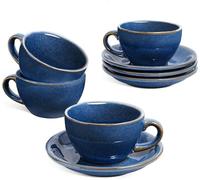 LE TAUCI 6 oz Cappuccino Cups with Saucers, Set of 4 Ceramic Coffee Cup and Saucer Set for Latte, Au Lait, Flat White, Mocha, Tea, Embossed Coffee Cups,Blue
