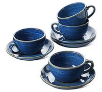LE TAUCI 8 oz Cappuccino Cups with Saucers Ceramic Large Coffee Cup for Au Lait, Double Shot, Latte, Cafe Mocha, Tea - Set of 4, Ceylon Blue
