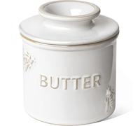 LE TAUCI Butter Crock, Butter Dish with Lid, Butter Container for Counter with Water Line, Embossed French Butter Keeper for Spreadable Butter, Suit For Housewarming - Set of 1, Arctic White, Bee