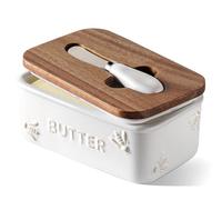 LE TAUCI Butter Dish with Lid for Countertop, Ceramic Butter Container, Embossed Butter Keeper with Acacia Wood lid, Knife, and Airtight Cover, Farmhouse Decor - Set of 1, Arctic White, Bee Pattern
