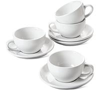LE TAUCI Cappuccino Cups with Saucers 8 oz, Set of 4 Large Ceramic Coffee Cup Set for Latte, Au Lait, Flat White, Mocha, Tea Cup Set, Dishwasher Safe, Embossed Coffee Cups, White